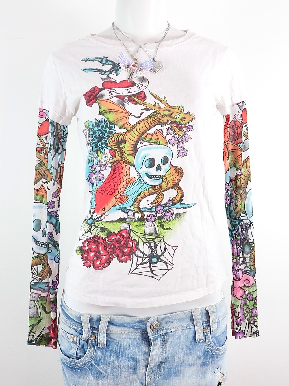 White Graphic Long-Sleeve Women's Top with Colorful Tattoo-Inspired Print